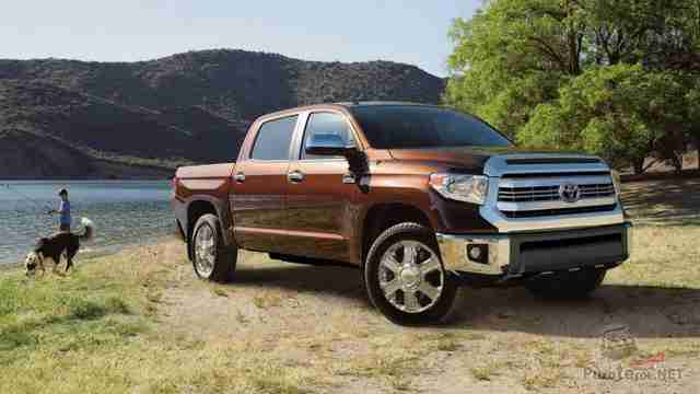 Коричневая Toyota Tundra на берегу озера рядом с мальчиком и собакой