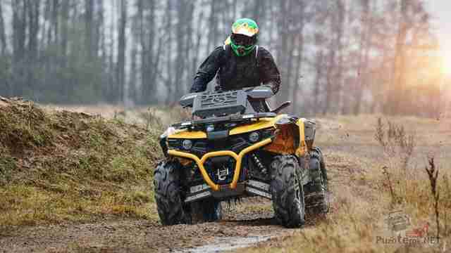 Водитель в каске на Stels Guepard 800 в лесу
