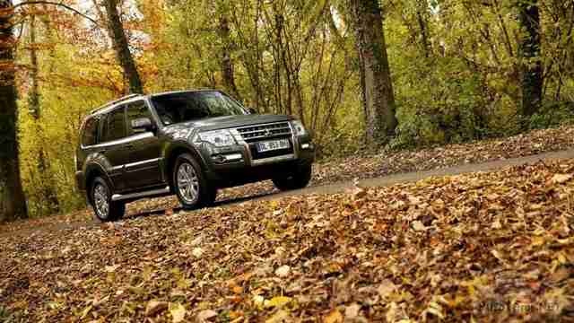 Mitsubishi Pajero едет по лесной дороге