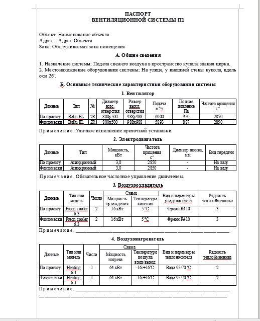 Паспорт вентиляционной системы и установки: образцы и примеры заполнения Раздел Б